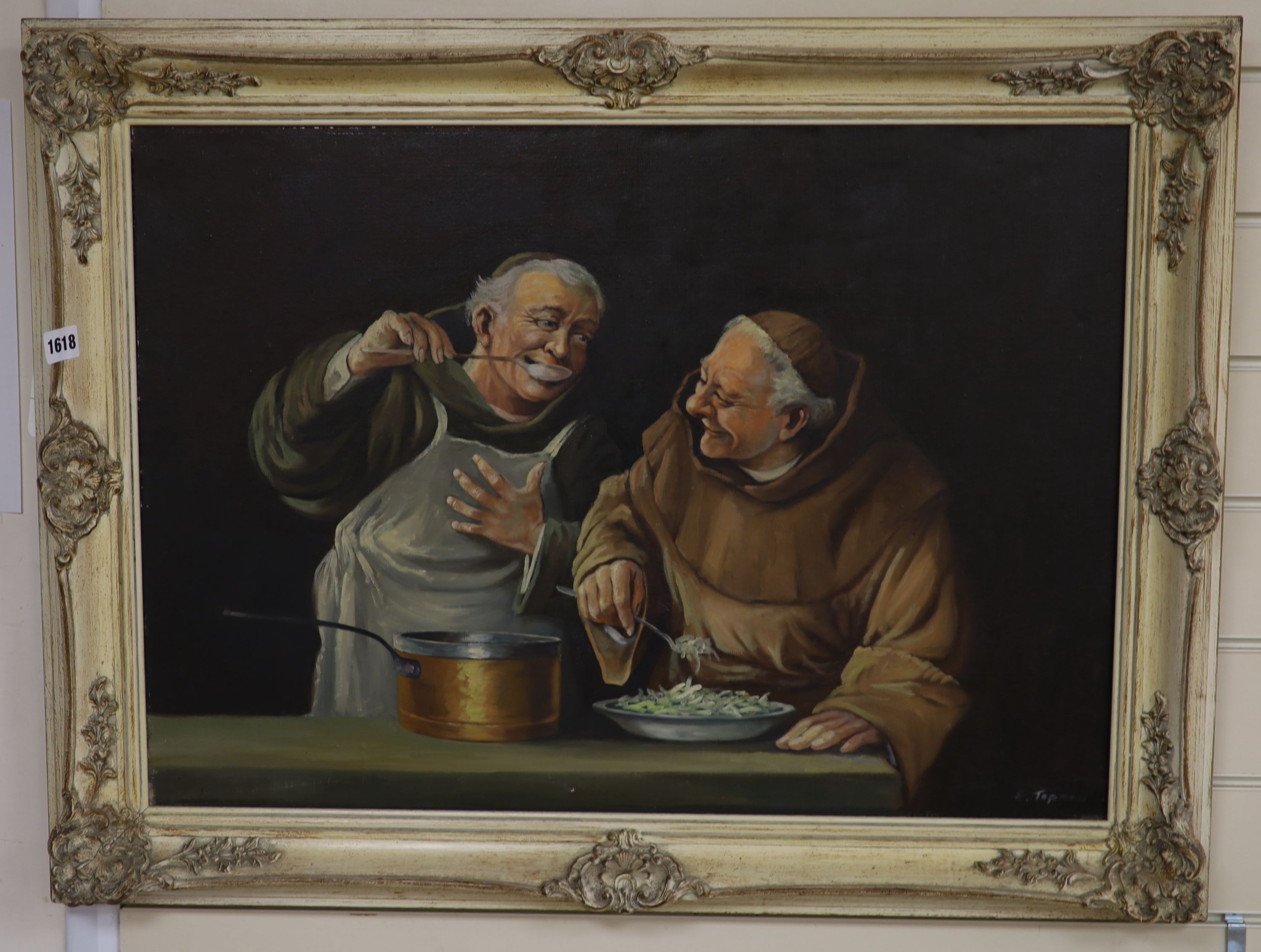 Evert William Topman (20th century), oil on canvas, Monks in a kitchen, signed, 50 x 70cm, 48cm x 68cm